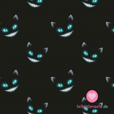 Unheimlich blauer Katzendruck auf Schwarz gestrickt