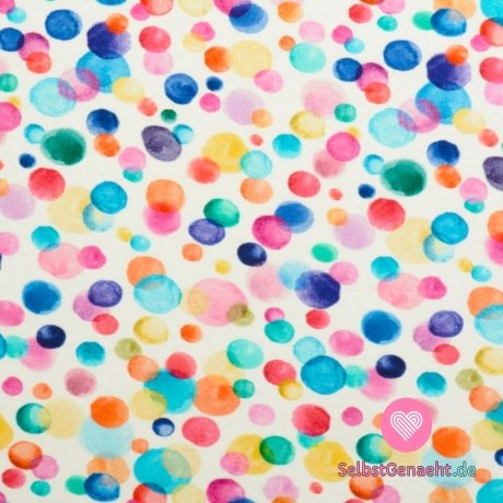 French Terry bedruckt mit farbigen Blasen auf staubigem Weiß