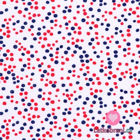 Bavlněný úplet červeno-modré puntíčky na bílé