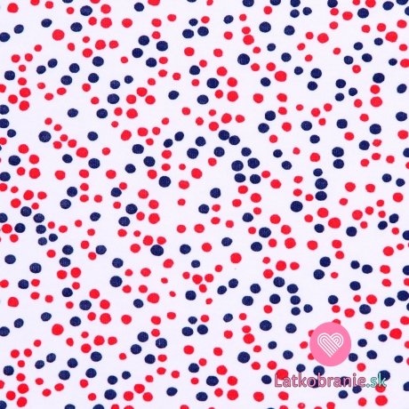 Bavlnený úplet červeno-modré bodkami na bielej