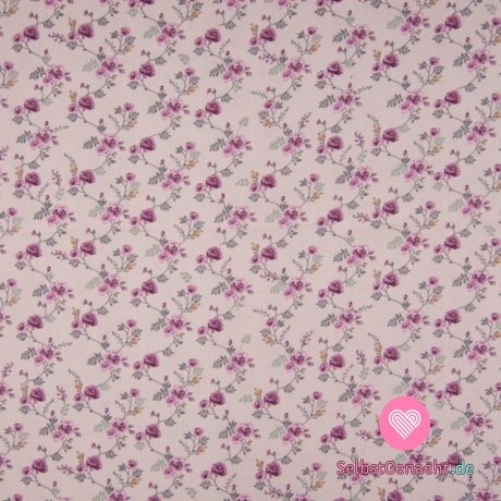 Baumwollpopeline-Print einer blühenden Blume auf Grau-Rosa