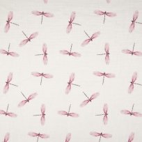 Dvojitá gázovina / mušelín potlač ružové poletujúce vážky na biele