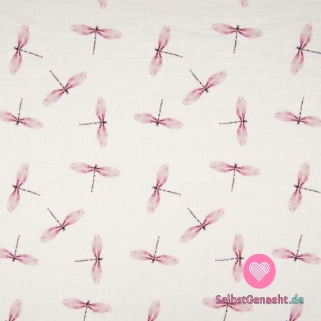 Doppelter Gaze-/Musselindruck einer rosafarbenen fliegenden Libelle auf Weiß