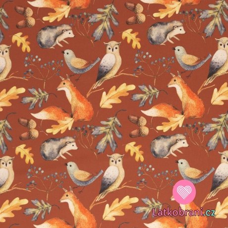 Bavlněné plátno potisk zvířátka na podzim na cihlové