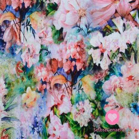 Viskose-Strickdruck mit gemalten Blumen