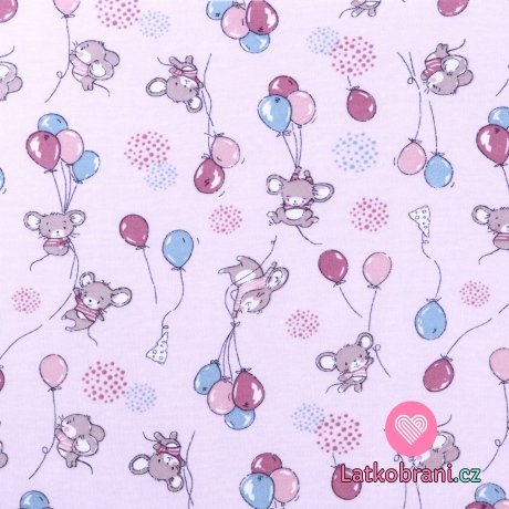 Bavlněný úplet myšky s balónky na růžové