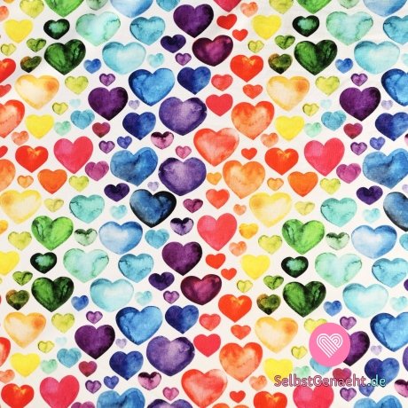 French Terry bedruckt mit farbigen Herzen auf Weiß