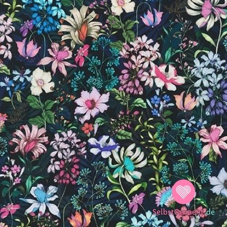 Baumwoll-Popeline-Print mit Frühlingsblumen auf Schwarz