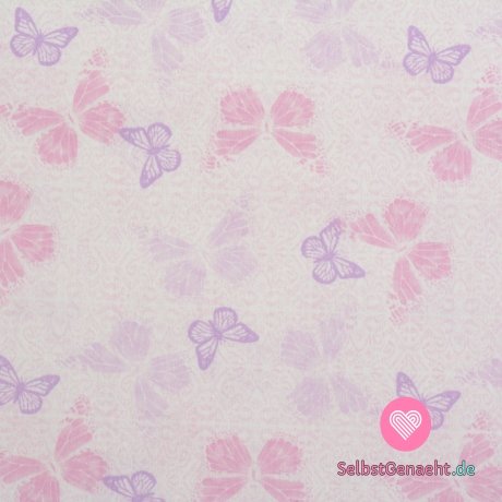 Baumwollpopeline bedruckt mit fliegenden Schmetterlingen auf einem rosa-weißen Muster