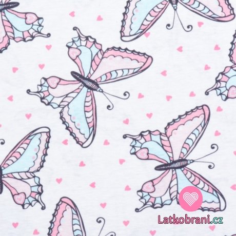 Bavlněný úplet motýlci v pastelových barvách na bílé