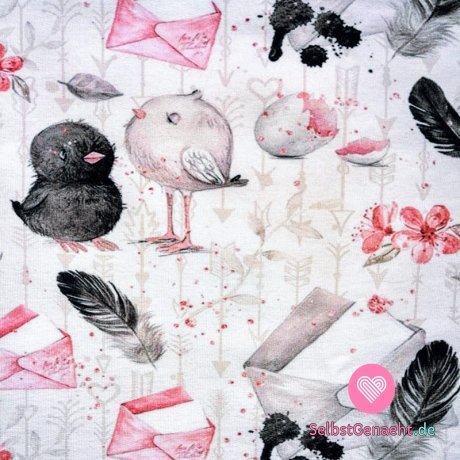 French Terry bedruckt mit Liebesvögeln und Briefumschlag