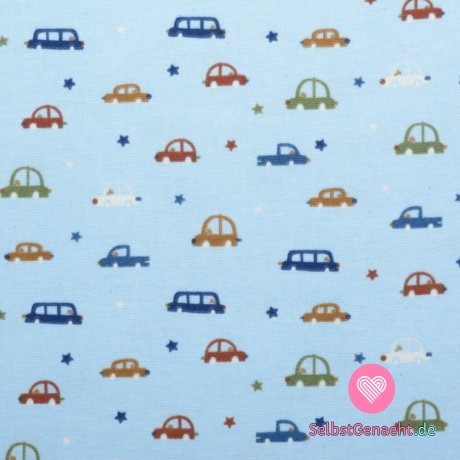Baumwollflanelldruck mit Auto und Sternen auf Hellblau
