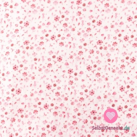 Doppelte Gaze / Musselin rosa Blumen auf weiß