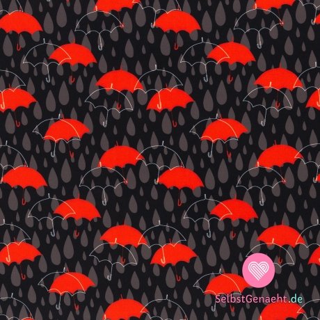 Softshell-Print mit roten Regenschirmen zwischen Tropfen auf Schwarz mit Fleece