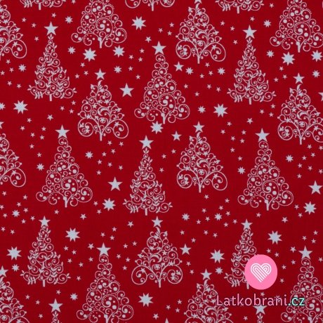 Bavlněné plátno potisk vánoční strom na červené