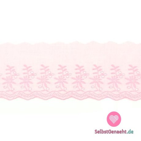 Baumwollspitze mit gestickten Doppelblumen 90 mm rosa