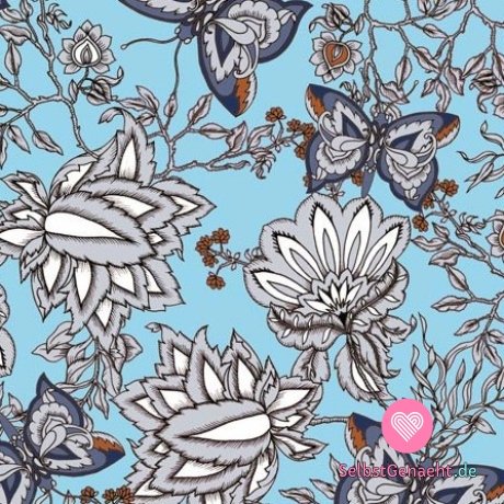 Strickdruck mit Schmetterlingen und Blumen auf hellblauem Hintergrund