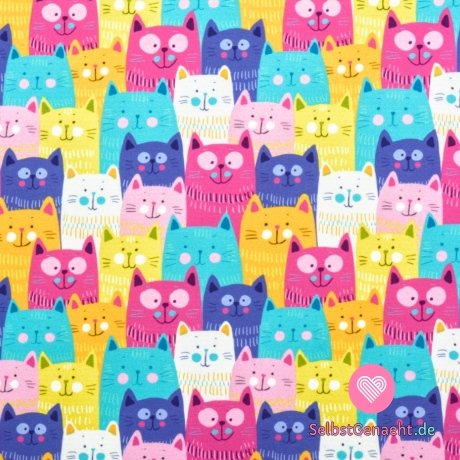 Softshell-Sommerdruck mit bunten Katzen in einer Reihe