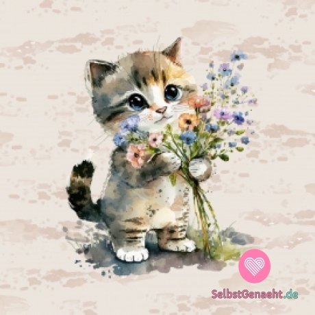 Tafel mit einem Kätzchen mit einer Blumenpuppe