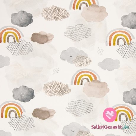 Strickdruck aus sanften Wolken mit einem Regenbogen