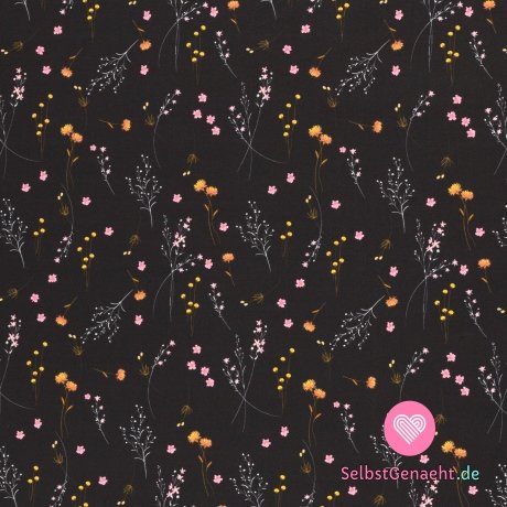 Softshell-Print mit zarten Blüten auf Schwarz mit Fleece