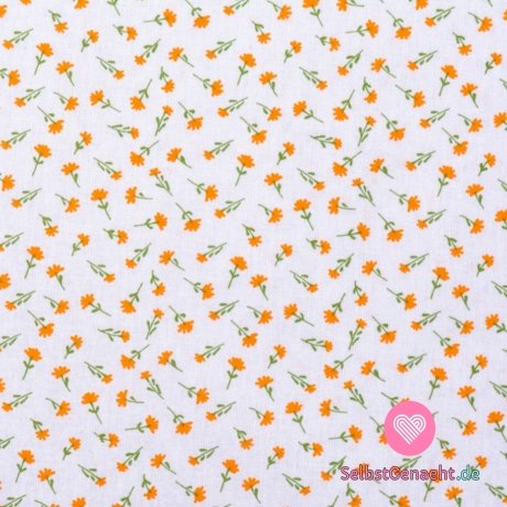 Baumwollsegeltuch orangefarbene Blume auf weiß