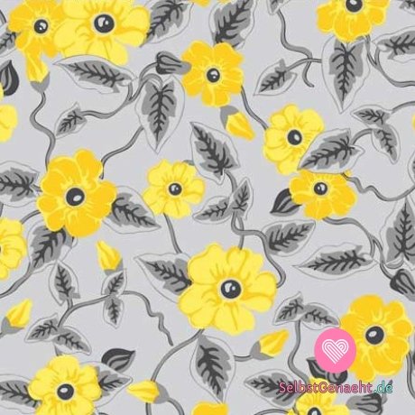 Baumwollpopeline-Print einer gelben Blume auf grauem Hintergrund
