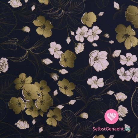 Softshell-Print-Blüten mit Blättern auf dunkelgrau mit Fleece