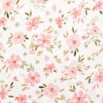 Doppelte Gaze / Musselin rosa Blumen auf weiß