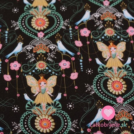 Teplákovina počesaná motýlie princezná s vtáčikmi medzi kvietky na čierne