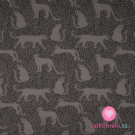 Teplákovina potisk počesaná leopardí vzor se siluetami leopardů v šedé