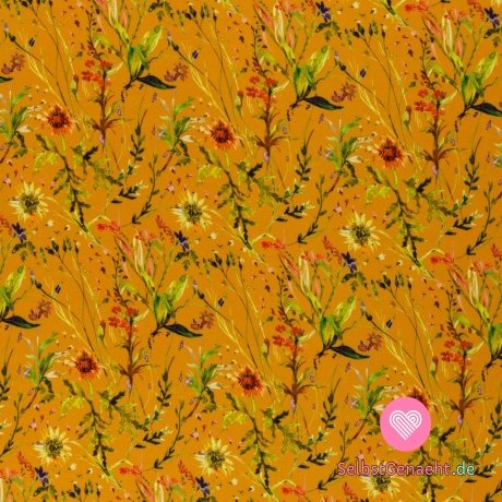 Viskose-Print mit Wiesenblumen auf Senf, seidiger Effekt