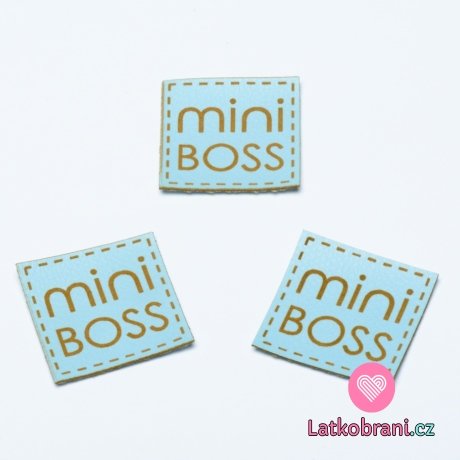 Štítek na oblečení "mini boss", koženkový, imitace kůže, modrý