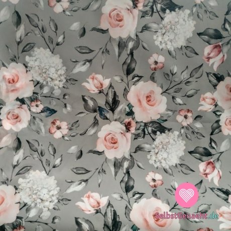 Softshell-Sommerdruck mit Rosen und Hortensien auf Grau