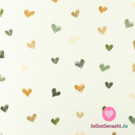 Strickdruck aus gemalten Herzen in Grün auf Weiß