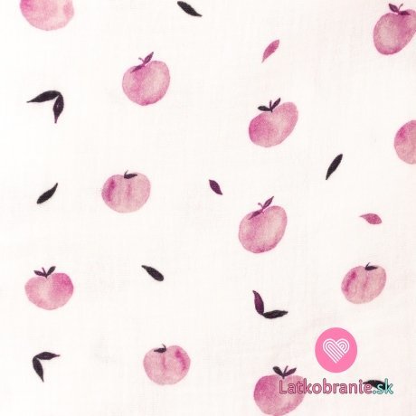 Dvojitá gázovina / mušelín maľované ružové jablká na biele