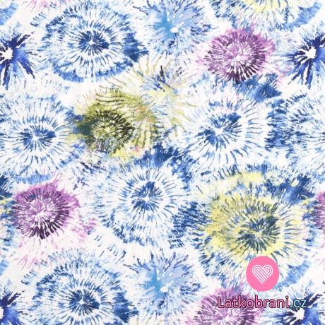 Úplet potisk modro - fialové batikované květy na bílé