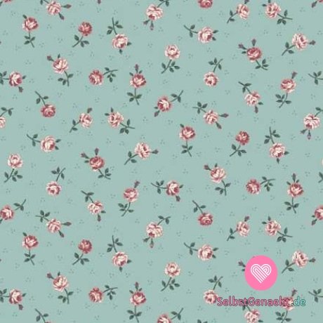 Baumwollpopeline-Print mit einer kleinen Blume auf mintgrünem Hintergrund