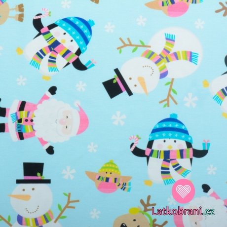 Úplet potisk sobík, sněhulák, tučňák a Santa na modré