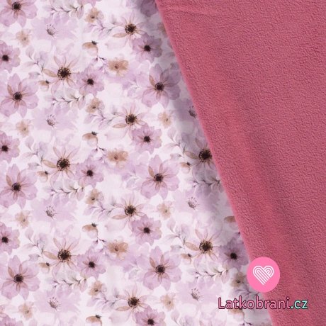 Softshell potisk růžové květy na světle růžové s fleecem