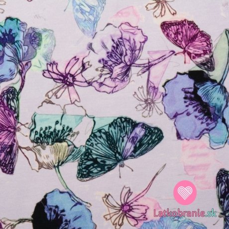 Úplet potlač motýľ medzi kvetmi na fialkovej