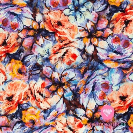 Viskose-Strickdruck mit gemalten Blumen