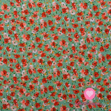 Viskose-Strickdruck mit kleinen roten und rosa Blumen auf Altgrün