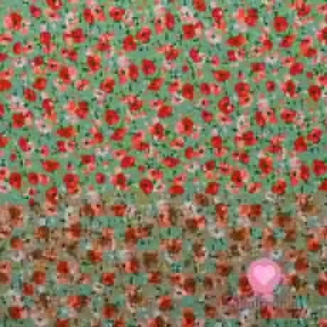 Viskózový úplet potlač drobné červené a ružové kvety na starozelené