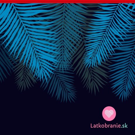 Modalová teplákovina palmové listy na tmavo modrej