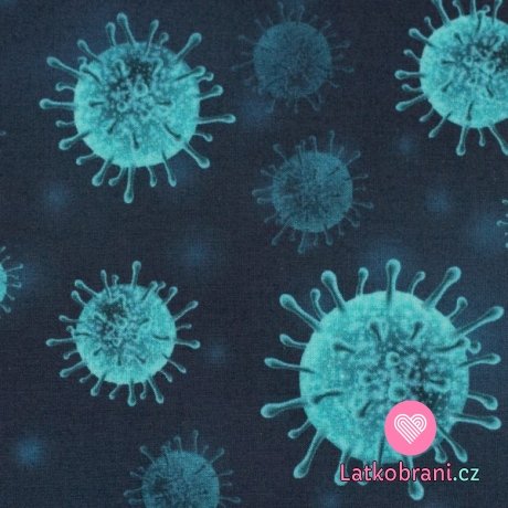 Bavlněné plátno tyrkysový virus na tmavě modrém podkladu