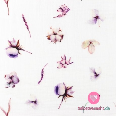 Doppelgaze / Musselinblüten mit violettem Schimmer auf Weiß