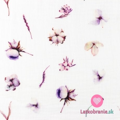 Dvojité gázové / mušelínové kvety s fialovým nádychom na bielej