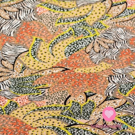 Strickdruck Viskose mit abstrakten Blumen in Limonengrün mit Elementen in Altrosa