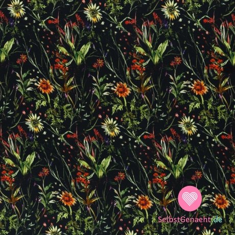 Viskose-Print mit Wiesenblumen auf Schwarz, Seideneffekt
